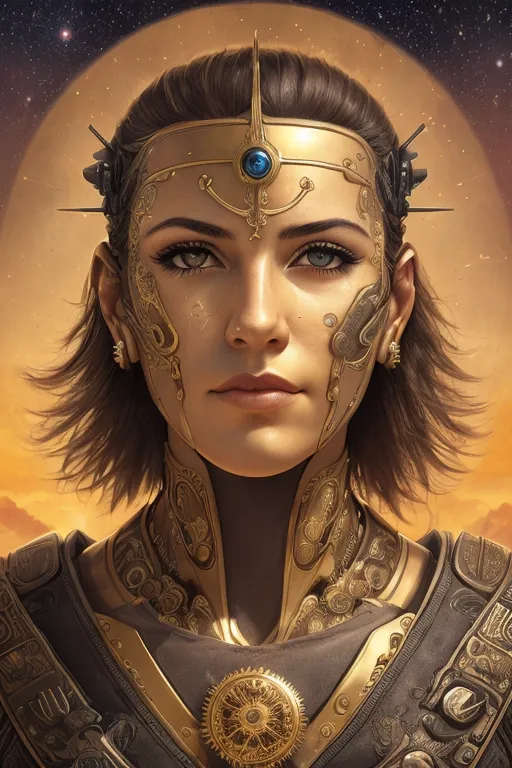 This is an image of a woman who appears to be a warrior or royalty. She is wearing a golden headdress with a blue jewel in the center. She has brown hair and eyes. Her face is partially covered by a golden mask. She is wearing a golden and brown outfit with intricate designs. She has a serious expression on her face. She is standing in front of a desert landscape with a large moon in the background.