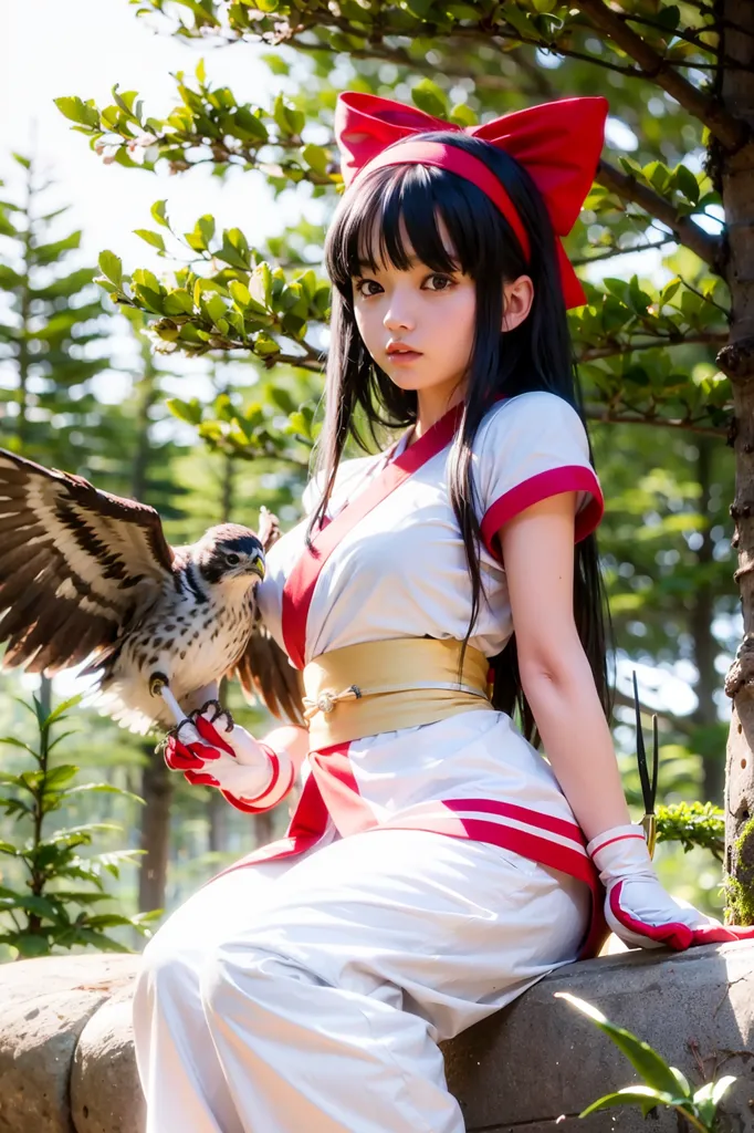 The image contains a young woman wearing a traditional Japanese outfit, including a white kimono with red accents and a large red bow in her hair. She is sitting on a stone wall or railing in an outdoor setting, with trees and foliage in the background. The woman has a falcon perched on her gloved hand, and she is looking at the bird with a serious expression.