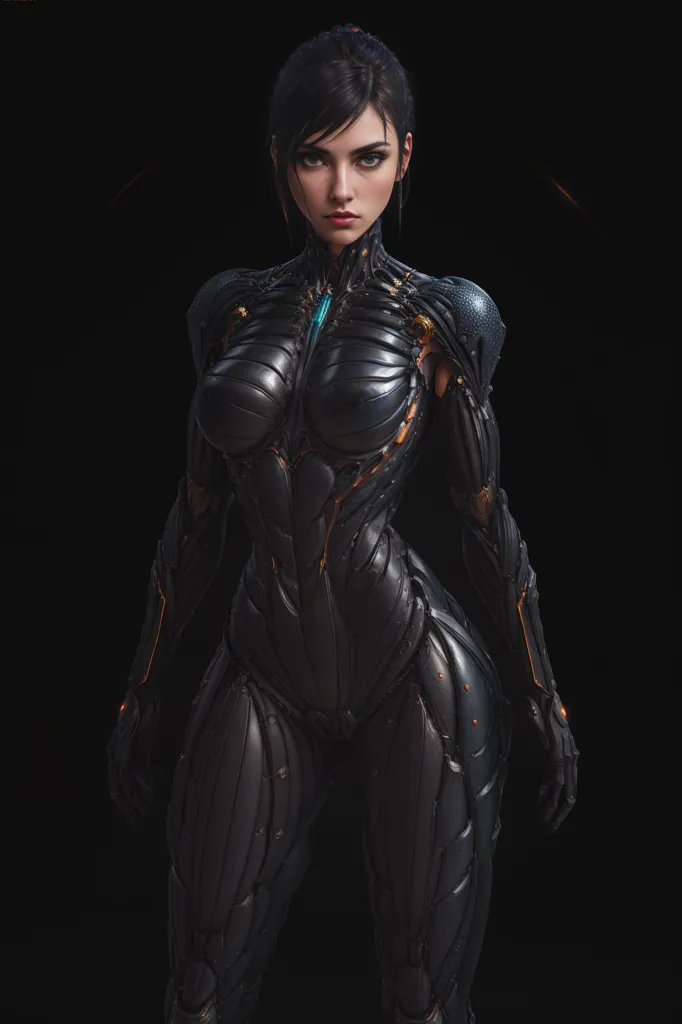 The image is of a woman standing in a black bodysuit. The suit is made of a material that looks like metal or leather with orange and teal accents. It covers her entire body, except for her face, hands, and feet. Her face is expressionless. She has dark hair. Her eyes are blue. She is standing in a relaxed pose, with her feet shoulder-width apart and her arms at her sides. The background is black.