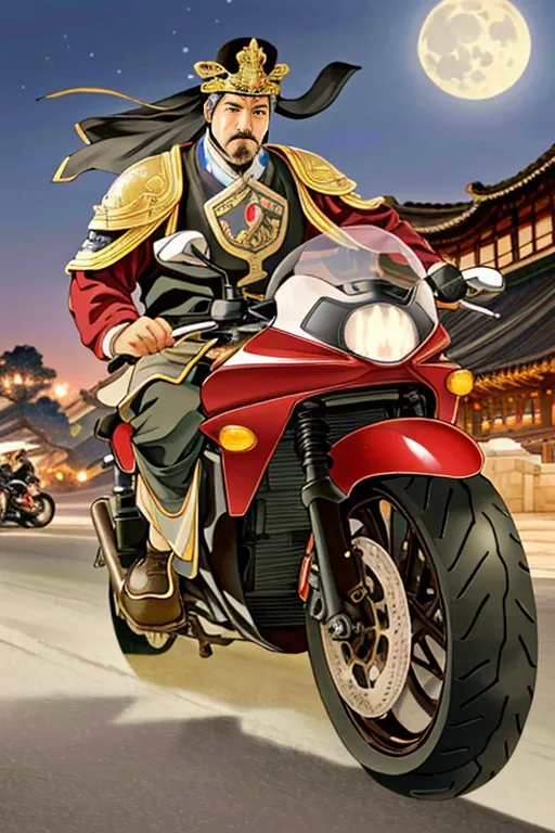 The image shows a man riding a motorcycle. He is wearing a traditional Korean hanbok and a gat. He has a long beard and a mustache. The motorcycle is red and black. The man is riding in a city at night. There are buildings and trees on either side of the road. The moon is full.