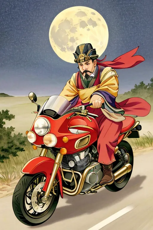 A man wearing a hanfu is riding a motorcycle. The man is wearing a red and gold hanfu with a black hat. He has a long mustache and a goatee. The motorcycle is red and has a black seat. The man is riding in a field with a full moon in the background.