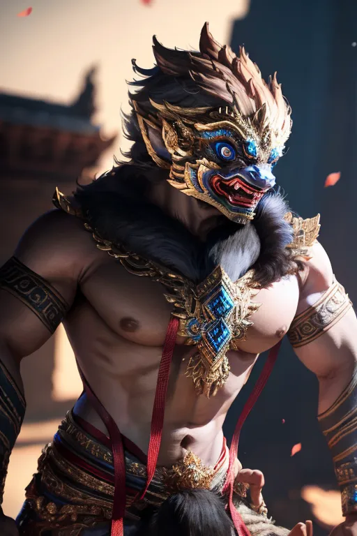 The image shows a muscular man with brown fur and a golden headdress. He is wearing a red loincloth and has a golden belt with a blue gem in the center. He also has blue bracelets and anklets. He has a fierce expression on his face and is standing in a fighting stance. The background is a blur of red and orange.