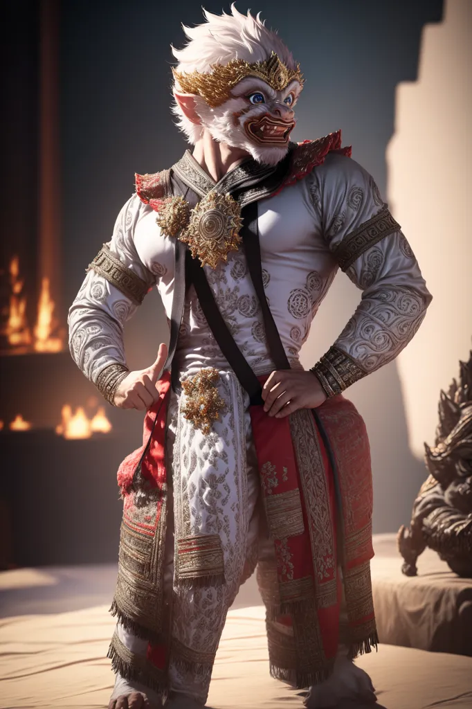 The image contains a muscular man with white hair and a golden mask with a monkey-like face. He is wearing a white and gold ornate outfit with a red sash and has a golden belt with a large circular buckle. He is standing in a room with a red carpet on the floor and there are flames in the background.