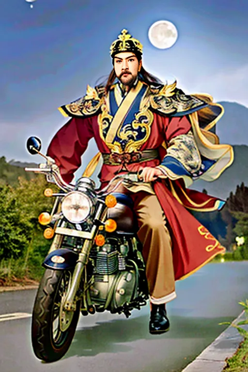 This image shows a man riding a motorcycle. He is wearing a red and gold robe and a crown. He has long black hair and a beard. The motorcycle is black and has a chrome engine. The man is riding in a rural area. There are mountains in the background and a full moon in the sky.