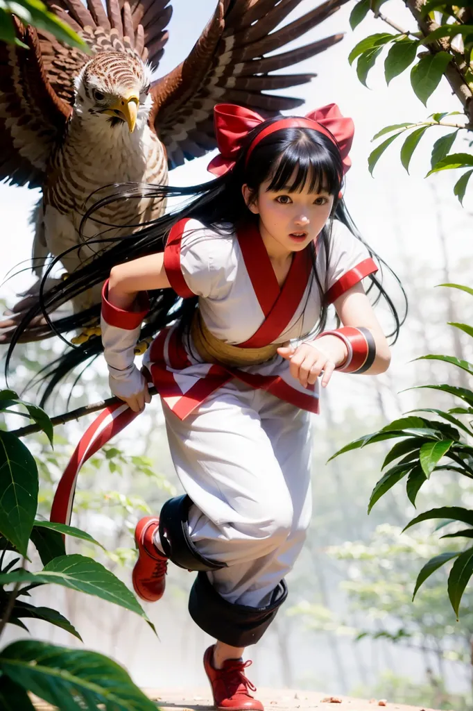 A young woman in a white and red kunoichi outfit is running through a forest. She has a red bow in her hair and is carrying a sword. A large hawk is flying above her. The woman is looking ahead with a determined expression on her face.