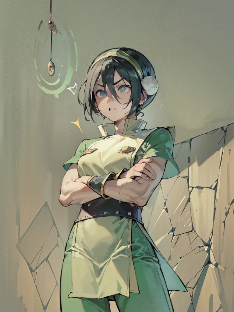 Toph Beifong is a character from the Nickelodeon animated series Avatar: The Last Airbender. She is a blind earthbender who was born into a wealthy family in the Earth Kingdom. Toph is a skilled fighter and is able to use her earthbending abilities to create powerful attacks and defenses. She is also a loyal and compassionate friend.

In this image, Toph is standing with her arms crossed in front of her. She is wearing a green tunic and pants, and her hair is tied up in a bun. Toph is looking to the side with a slightly annoyed expression on her face. She is standing in front of a stone wall, and there is a small rock floating in the air in front of her.

This image is a good representation of Toph's personality. She is a strong and independent character who is not afraid to stand up for what she believes in. She is also a loyal and compassionate friend, and she is always willing to help those in need.