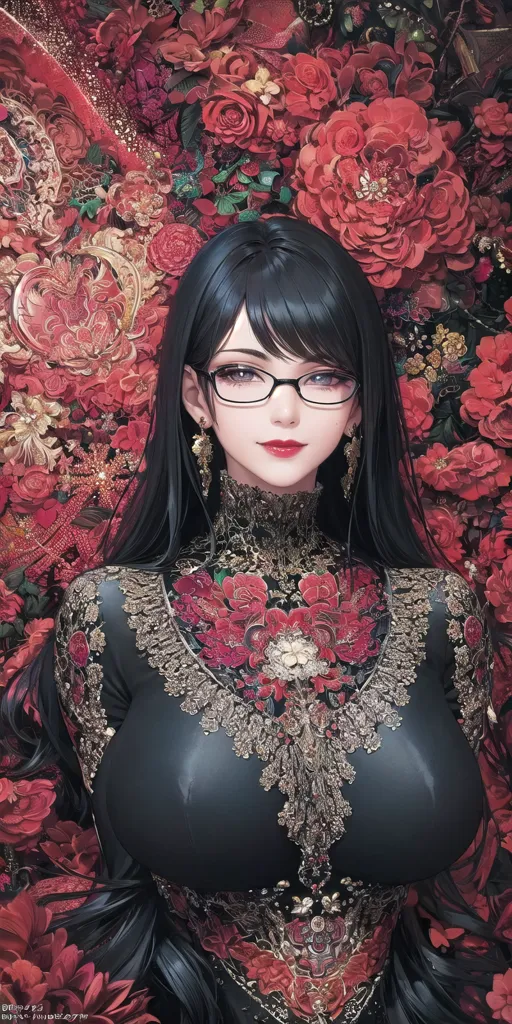 L'image est un portrait d'une belle femme aux longs cheveux noirs et aux lèvres rouges. Elle porte une robe noire à col montant et un collier en or. La robe est décorée de fleurs rouges et dorées. La femme se tient devant un mur de fleurs rouges.