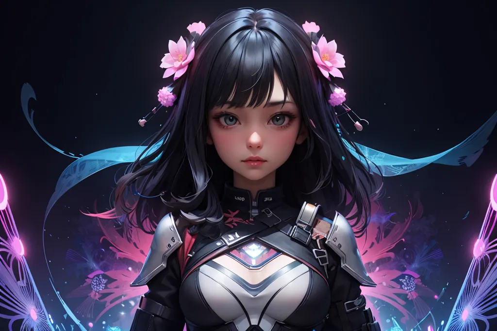 This is an image of a young woman with long black hair and pink flowers in her hair. She is wearing a black and white bodysuit with pink and blue accents. She has a serious expression on her face. There are also pink and blue lights surrounding her.