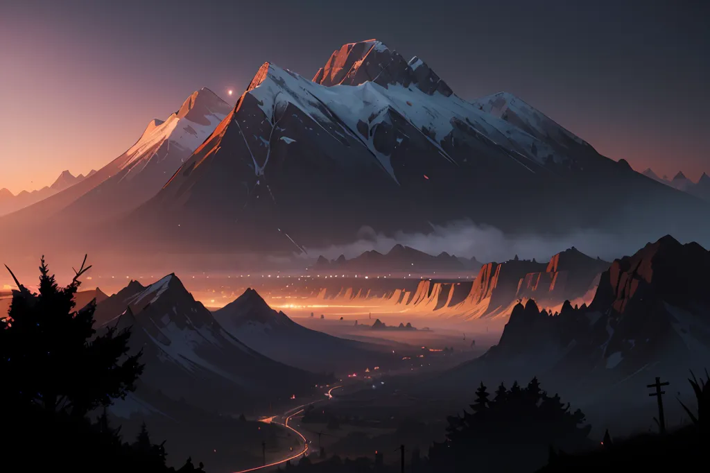 The image is of a mountain landscape at night. The sky is dark and there are stars in the sky. The mountain is covered in snow. There is a road in the valley below the mountain. There are trees on either side of the road. There is a city in the distance. The city is lit up by lights.