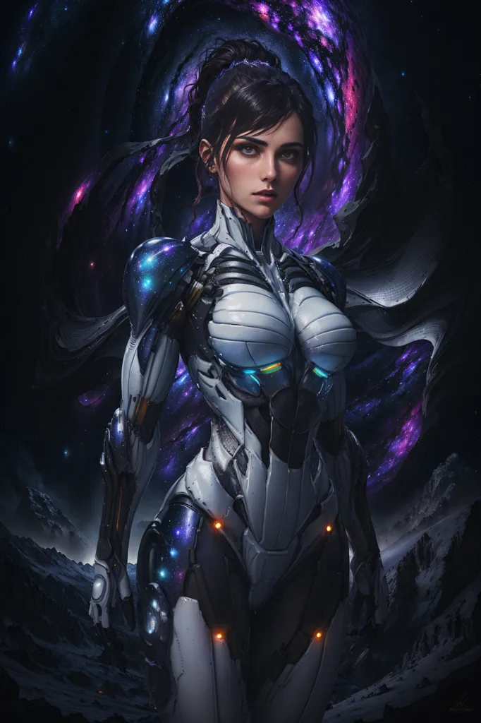 Esta é uma imagem de uma mulher em uma armadura futurista. Ela está em pé diante de um fundo estrelado, com os pés em uma superfície rochosa. A mulher está usando uma armadura branca e azul, com um rabo de cavalo azul. Ela tem uma expressão séria no rosto e seus olhos estão brilhando em azul. A armadura tem luzes azuis e laranjas brilhando em vários pontos.