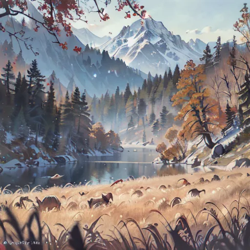 The image is a beautiful landscape painting. It shows a mountain valley with a lake in the foreground. The mountains are covered in snow. The trees along the shore are bare, but the trees further back are still green. The grass in the foreground is a golden brown color. There is a light snow falling. The sky is a light blue color. The painting is done in a realistic style and the colors are very vibrant.