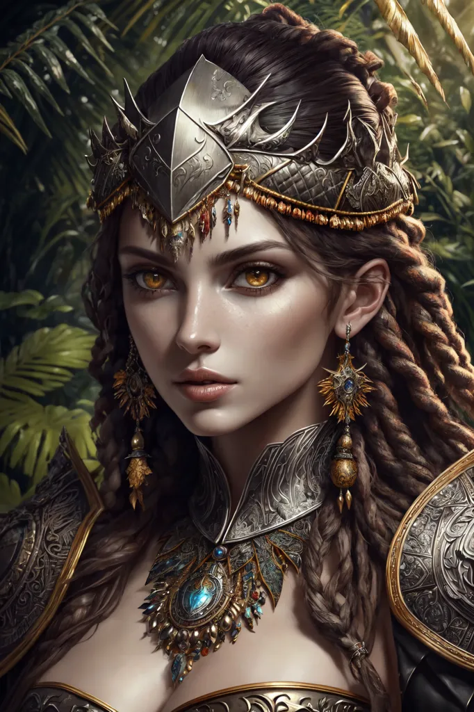 This image shows a beautiful woman, probably a warrior or a huntress, with long brown hair, golden eyes, and a crown on her head. She is wearing a silver breastplate and a necklace with a blue gem in the center. Her hair is braided and she has several earrings in her ears. She is standing in front of a lush green background with bright green leaves.