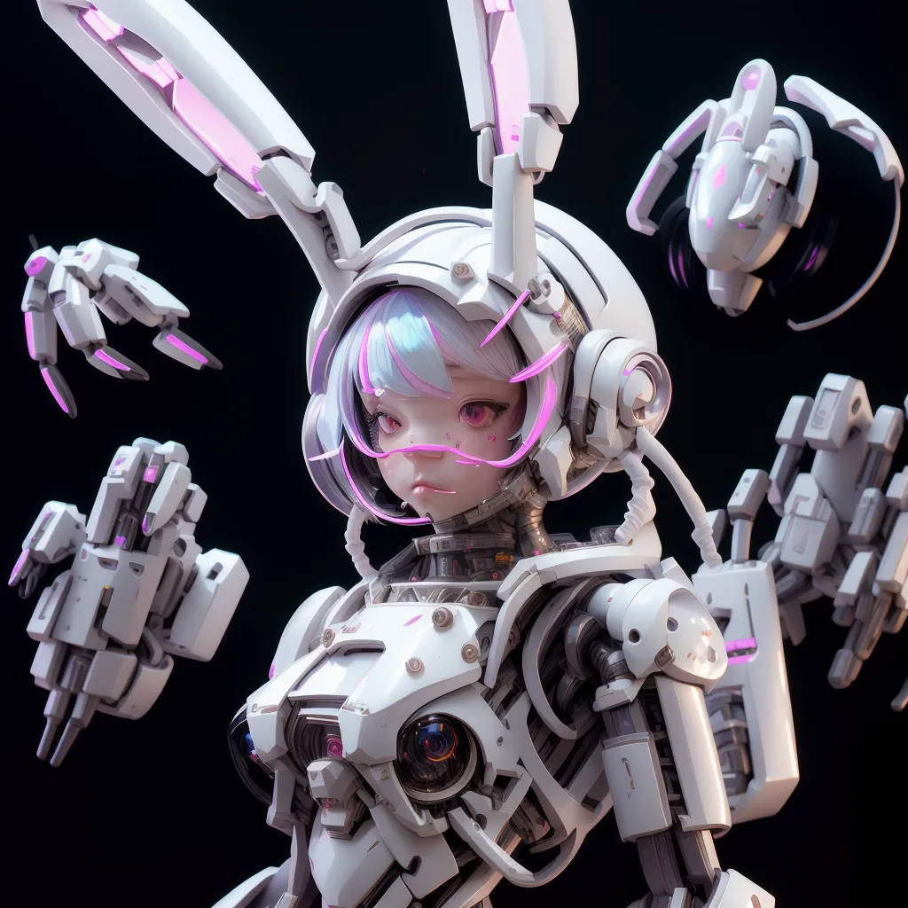 This is an image of a robot girl with long white and pink hair. She is wearing a white and pink bodysuit with a pair of rabbit ears on her head. There are four robotic arms floating around her. The girl's eyes are closed and she has a sad expression on her face. The image is set against a black background.