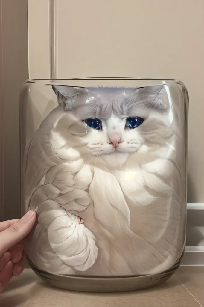 The image shows a large white cat sitting in a glass jar. The cat has blue eyes and is looking out of the jar with a sad expression. The jar is sitting on the floor next to a wall. The cat's fur is very long and fluffy.