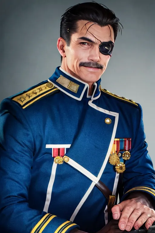 The image shows a man with a mustache and an eyepatch wearing a blue military uniform with gold epaulettes and various medals and pins. He has a serious expression on his face.