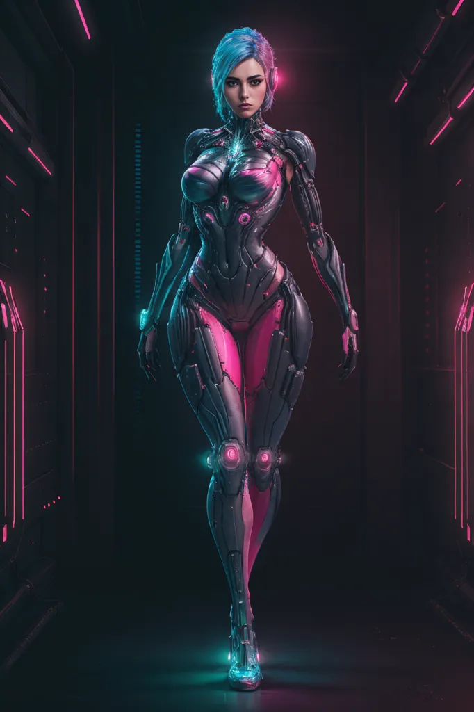 The image is of a female cyborg. She has blue hair, pink eyes, and a metallic body. She is wearing a black and pink bodysuit. She is standing in a dark room with bright lights in the background.