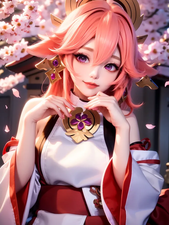 The image is of a young woman with pink hair and purple eyes. She is wearing a white and red kimono with a pink obi. She has a gentle smile on her face and is looking at the viewer. There are cherry blossoms falling around her. The background is a blur of cherry blossoms.