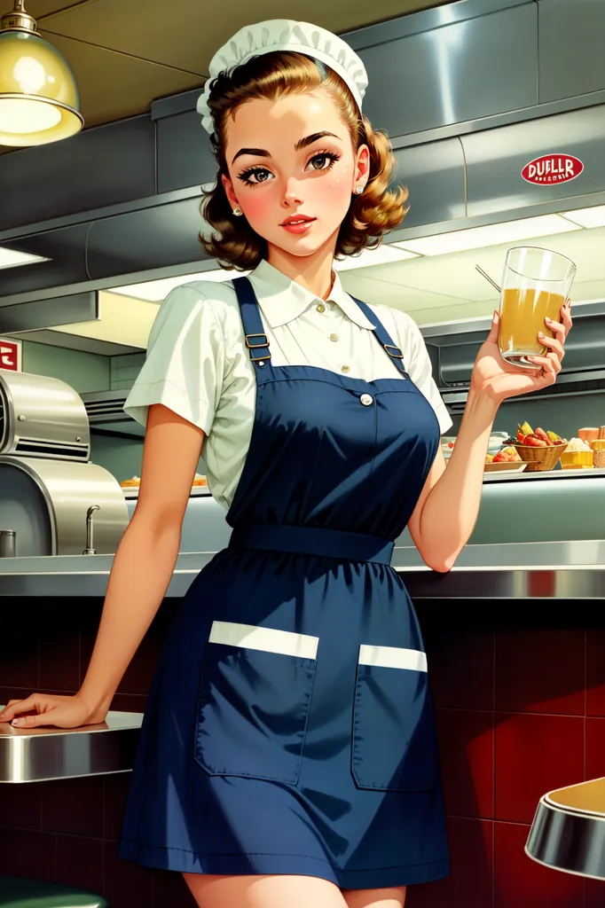 The picture shows a young woman wearing a waitress uniform from the 1950s. She is standing in a diner, leaning against the counter with one hand while holding a glass of orange juice in the other. She is wearing a white blouse, a blue apron, and a white hat. She has brown hair and brown eyes, and she is smiling at the viewer. There is a row of booths behind her and a large menu on the wall.