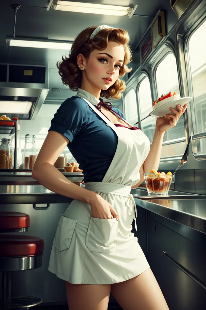 A young woman wearing a waitress uniform from the 1950s is standing in a diner. She is wearing a blue blouse, a white apron, and a brown hair bow. She has a plate with a dessert on it in her left hand and a spoon in her right hand. She is looking at the camera with a smile on her face. There are two windows in the background and a counter with stools.