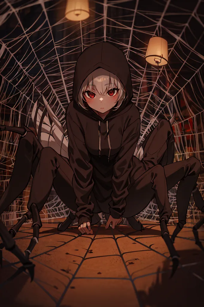 This is an image of a girl with spider-like features. She is wearing a black hoodie and has eight spider legs. She is sitting in a room with a web in the background. The room is lit by two lanterns.