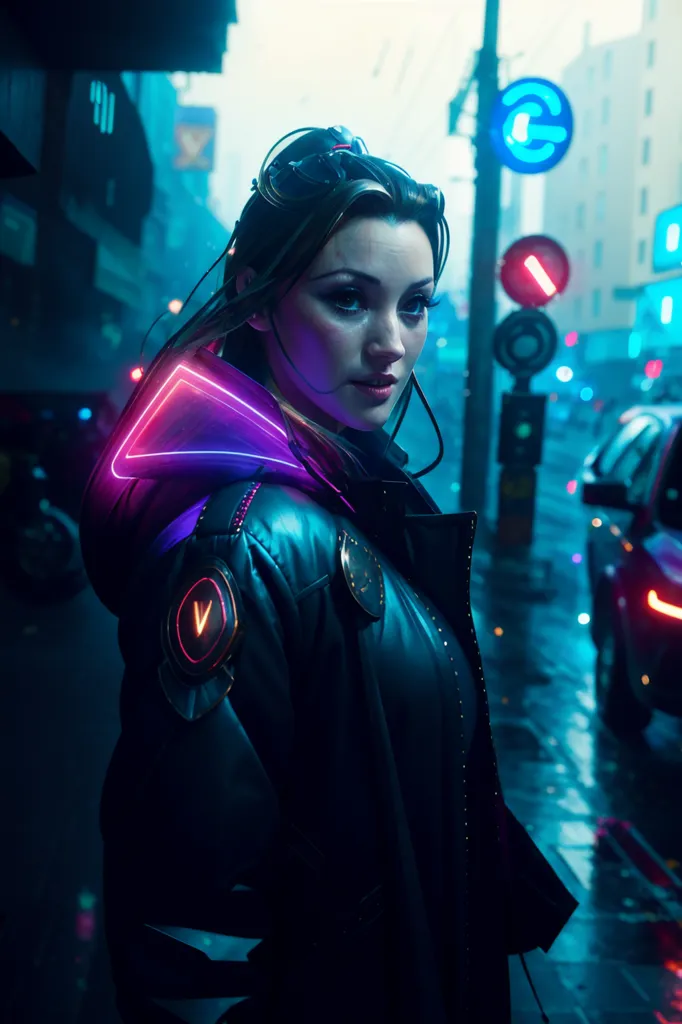 A woman is standing in a dark alley. She is wearing a black leather jacket with a purple neon triangle on the shoulder. She has a small device attached to her right ear and there are several small lights attached to her clothing. The background is blurred with a blue-green tint.