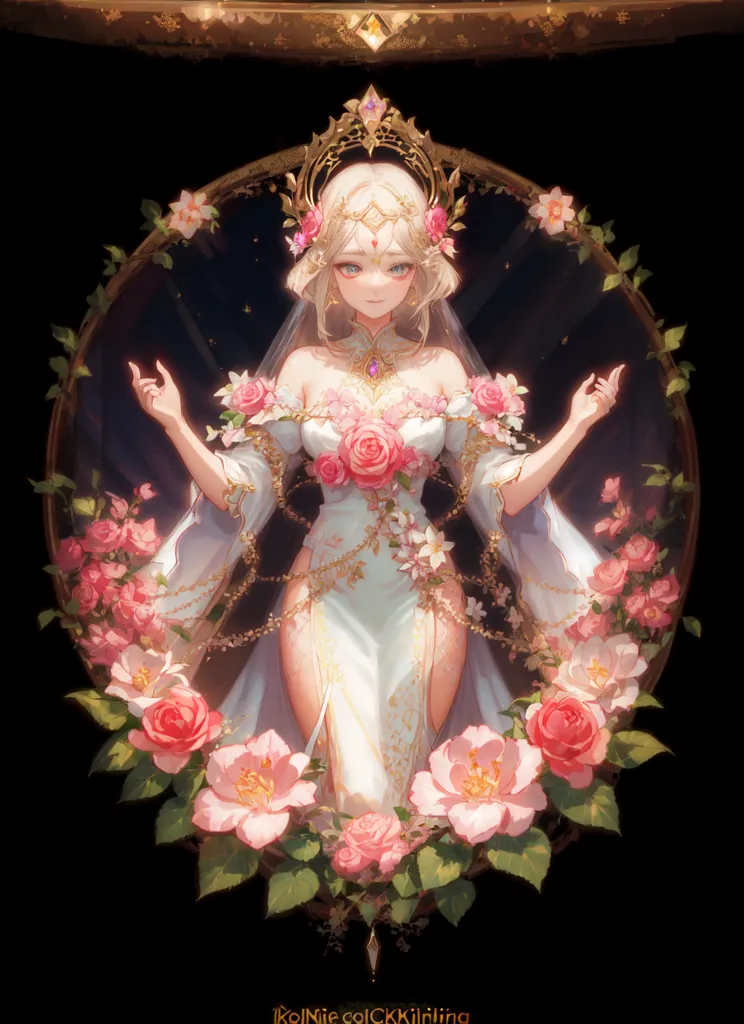 The image is of a beautiful woman with long blonde hair and blue eyes. She is wearing a white dress with a high slit and a crown of roses. She is standing in front of a mirror, and there are roses all around her. The image is very detailed, and the artist has used a lot of different colors to create a sense of depth and realism.