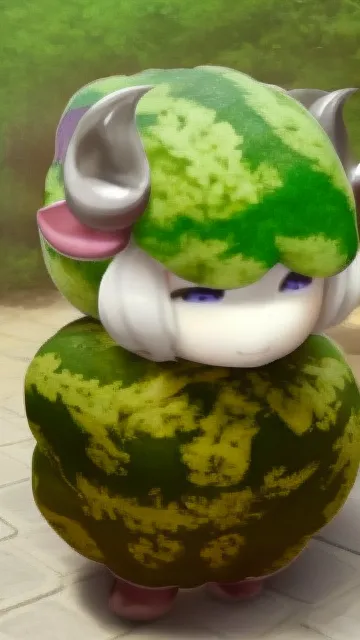 The image shows a creature with a watermelon for a head and body. It has two horns sticking out of the top of its head and four stubby legs. Its eyes are closed and it has a small, contented smile on its face. It is standing on a grassy field and there is a cobblestone path to the left of it.