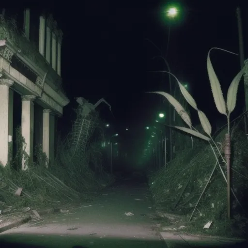 The image is a dark and overgrown street. The buildings are in disrepair and the street is littered with debris. The only light comes from a few street lamps. The image is post-apocalyptic and conveys a sense of desolation and abandonment.