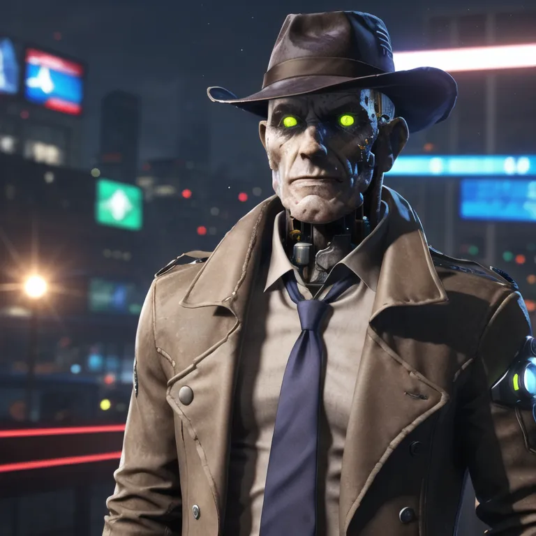 A photo of a man wearing a fedora and a trench coat. He has glowing green eyes and a metallic face. He is standing in a dark, rainy city.