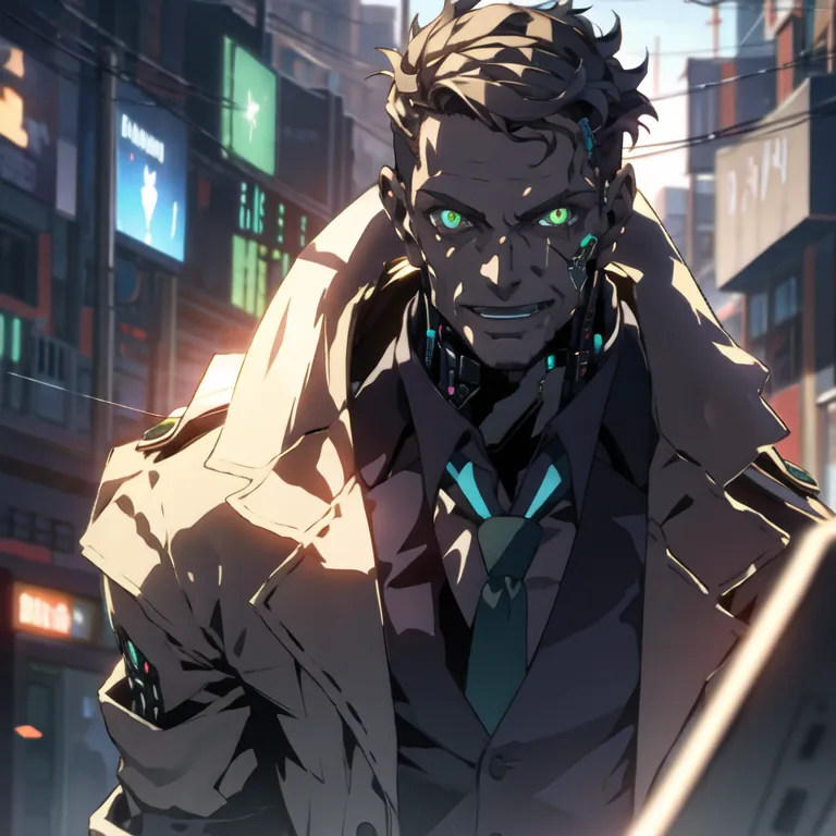 This is an image of a man with green eyes, brown hair, and a beard. He is wearing a suit and tie, and has a long coat on. He is standing in a dark alleyway, and there are buildings in the background. The man has a cybernetic eye and a cybernetic arm.