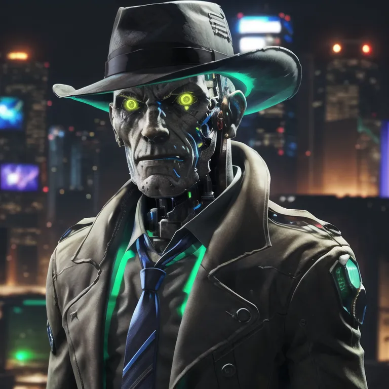 The image shows a robot wearing a hat and a trench coat. The robot's eyes are glowing green, and its face is partially made of metal. It is standing in a dark, rainy city. There are buildings and skyscrapers in the background.