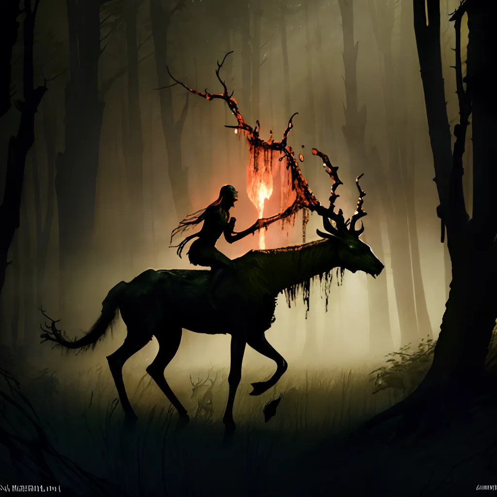 This image is of a dark forest with a large tree in the center. The tree has a large hole in it and a bright light is shining from inside. A figure is riding on a horse-like creature. The figure is wearing a long cloak and has a staff in their hand. The horse-like creature has antlers and is black. The figure is riding towards the tree.