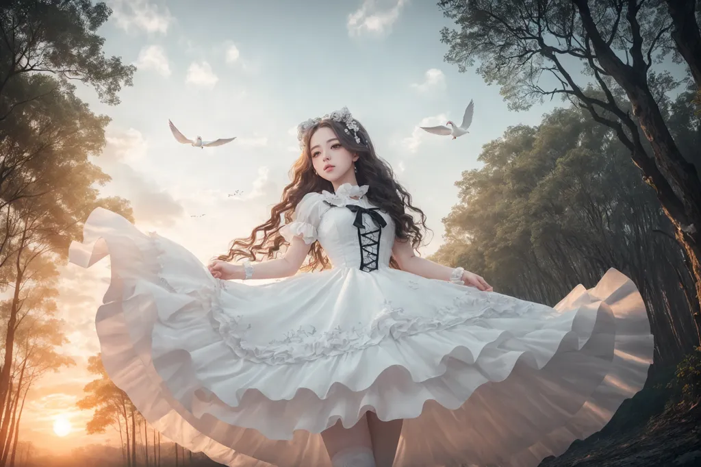 Esta es una imagen de una chica con un vestido blanco y un corsé negro. Tiene el cabello largo y castaño, y lleva una corona de flores en la cabeza. Está de pie en un bosque, con dos palomas blancas volando detrás de ella. El sol se está poniendo en el fondo. La chica está mirando a las palomas. Está rodeada de hierba alta.