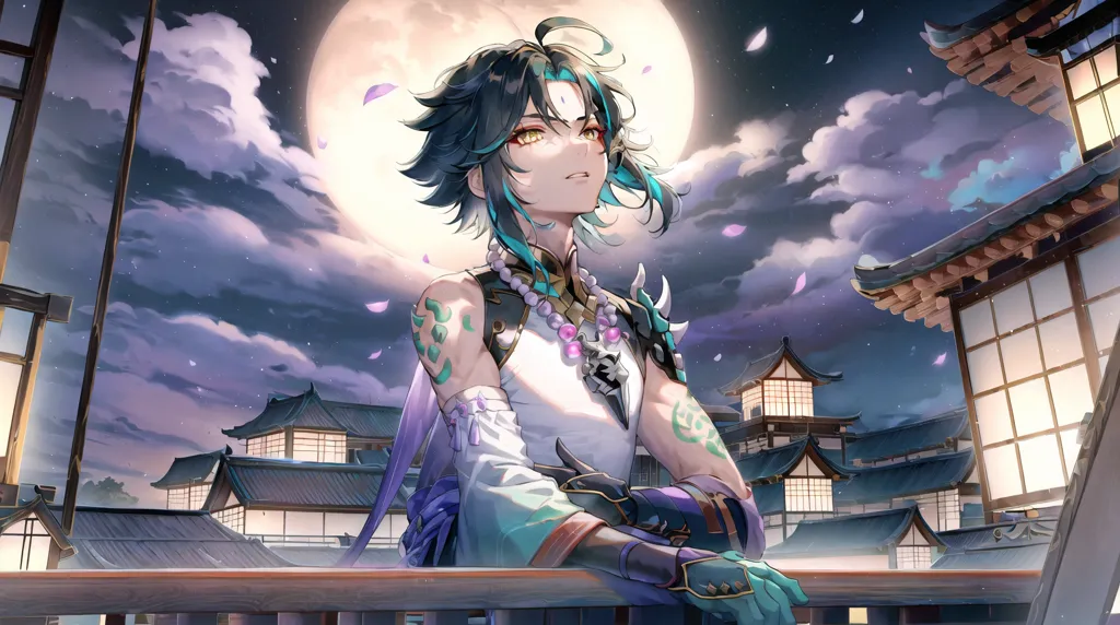 This is an image of a character from the video game Genshin Impact. The character is named Xiao, and he is a young man with teal hair and amber eyes. He is wearing a white and blue outfit, and he has a vision (a magical item) on his right hip. He is standing on a balcony in the city of Liyue, and he is looking out at the view. The moon is full, and the sky is dark. The city is lit up by lanterns, and there are people walking around. Xiao is a playable character in Genshin Impact, and he is a powerful ally in battle. He is a great choice for players who are looking for a strong and reliable character to add to their team.