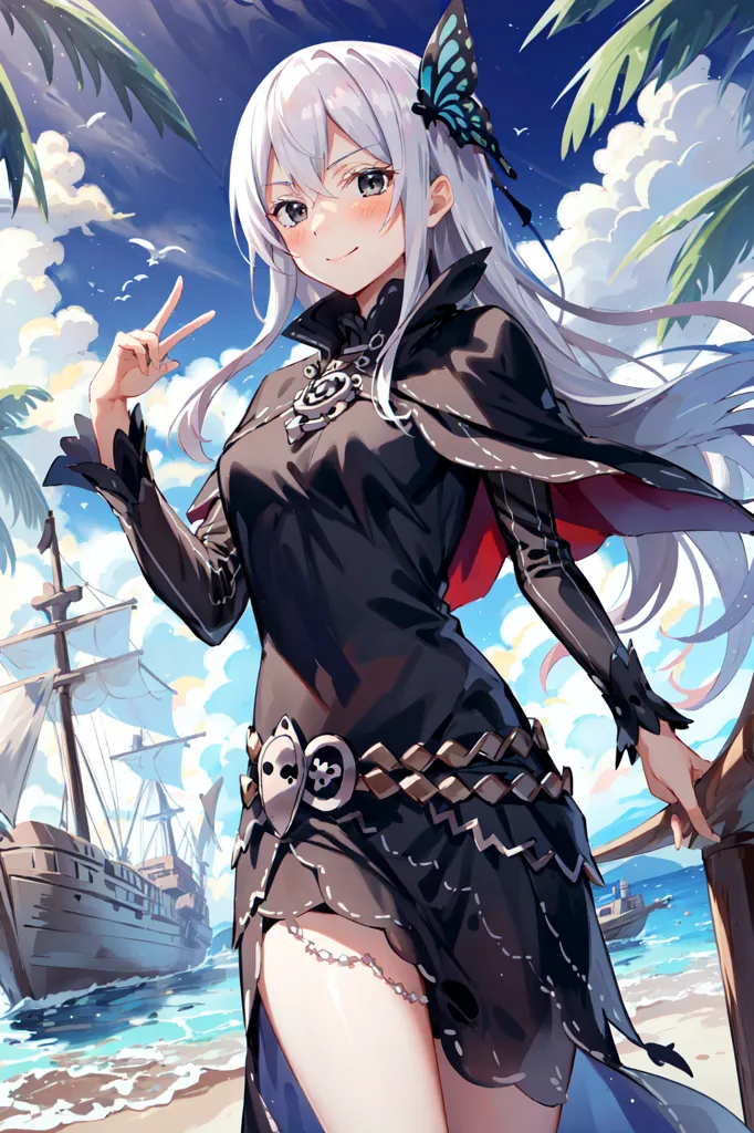 The image shows a young woman with long silver hair and purple eyes. She is wearing a black dress with a white collar and a red sash. She is also wearing a black hat with a white feather. She is standing on a beach, and there is a ship in the background. The woman is smiling and has her hand raised in the peace sign.