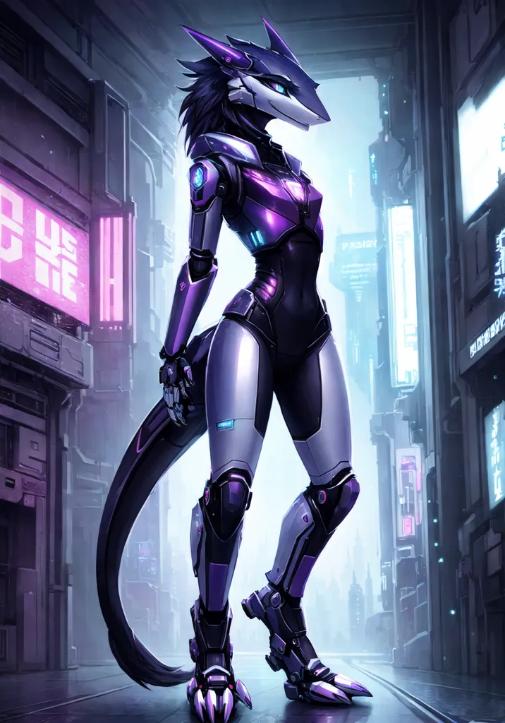 The image shows a tall, slender, and muscular anthropomorphic lizard-like creature with dark purple scales and glowing blue eyes. It is wearing a black and purple bodysuit with various metallic armor plates and glowing blue lights on its chest, arms, and legs. The creature is standing in a dark and narrow alleyway, with a large building with glowing blue windows in the background.