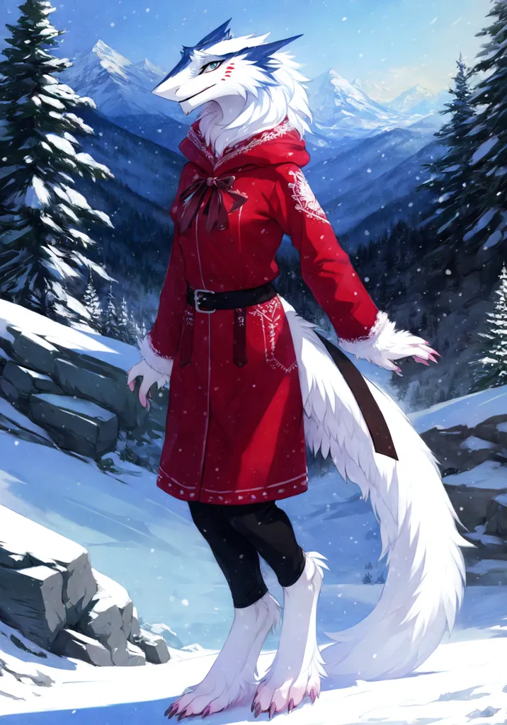 The image is of a white wolf furry in a red winter coat with a white and red scarf. The coat has a white and red pattern on it and is tied with a black belt. The furry is standing in a snowy landscape with mountains in the background. The furry has blue eyes and a white and red tail.