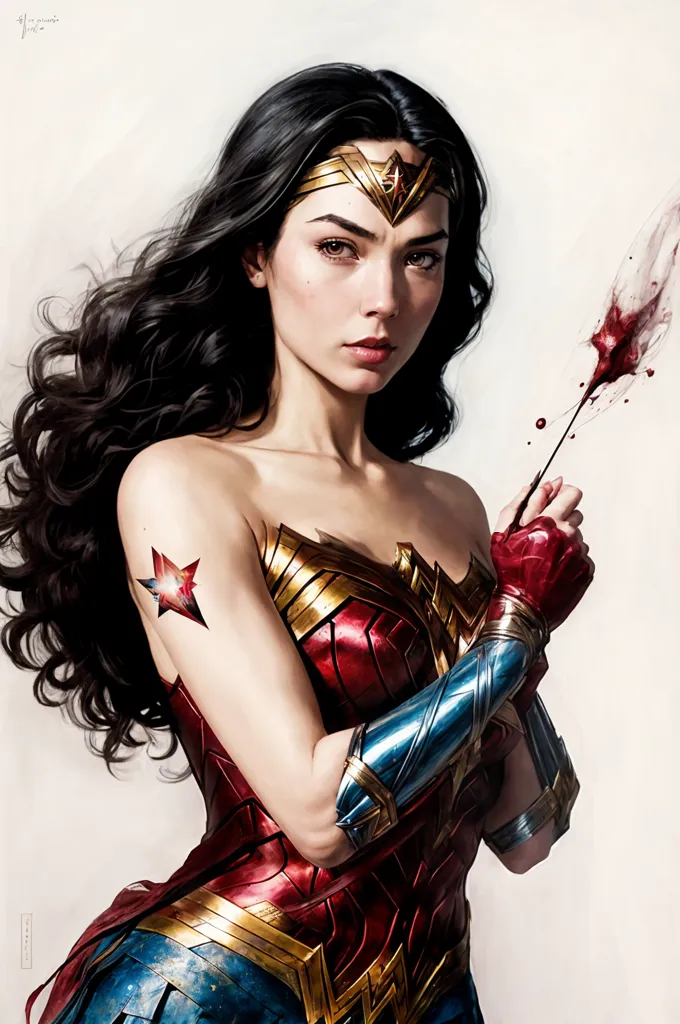 This is an image of Wonder Woman, a superhero from DC Comics. She is depicted with long, flowing black hair and blue eyes. She is wearing a red and gold bodice with a blue skirt and silver bracelets. She is also wearing a tiara and has a lasso in her hand. She is standing in a powerful pose, with her feet shoulder-width apart and her arms crossed in front of her. She has a serious expression on her face and looks like she is ready to fight. The background is white and there is a red splash on the right side of the image.