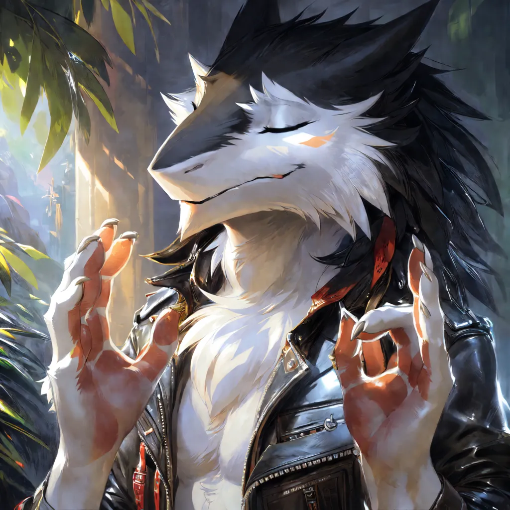 The image is a portrait of a furry character. The character is a wolf with black, gray, and white fur. It is wearing a black leather jacket. The character is standing in front of a blurred background of green leaves. The character has its hands in front of its chest in a meditative pose.