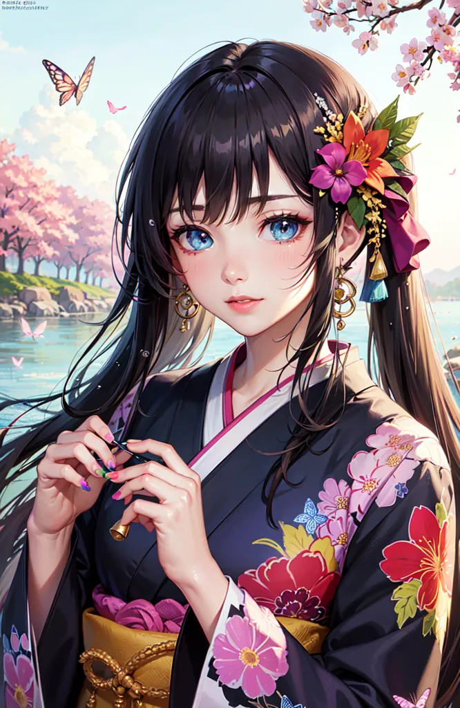 La imagen muestra a una mujer joven con el cabello negro y largo. Lleva puesto un kimono japonés tradicional con un patrón floral. También hay algunas flores en su cabello. Está de pie en un campo de flores con un lago y algunos árboles al fondo. También hay algunas mariposas volando a su alrededor. El cielo es de un color azul claro con algunas nubes blancas.