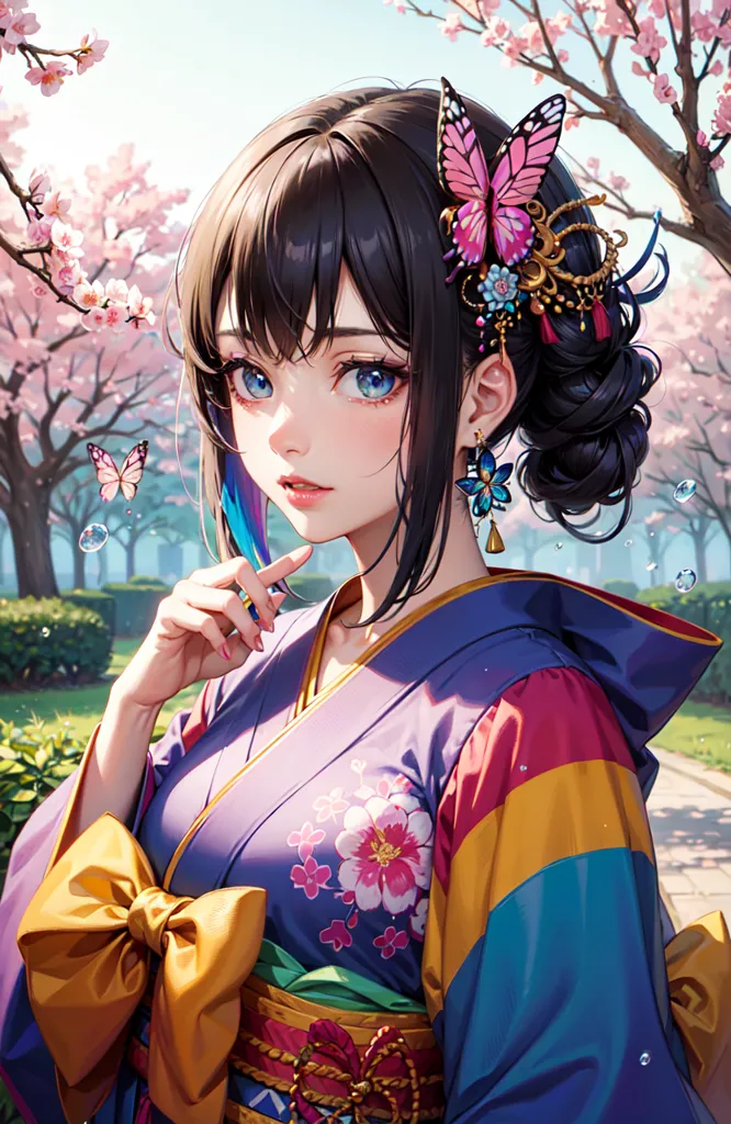 The image is a portrait of a young woman with long brown hair and blue eyes. She is wearing a traditional Japanese kimono with a floral pattern and a yellow obi. Her hair is styled in a bun with a butterfly hairpin. She is standing in a garden with cherry blossoms and there are butterflies around her. The background is a blurred image of a park with cherry blossoms.