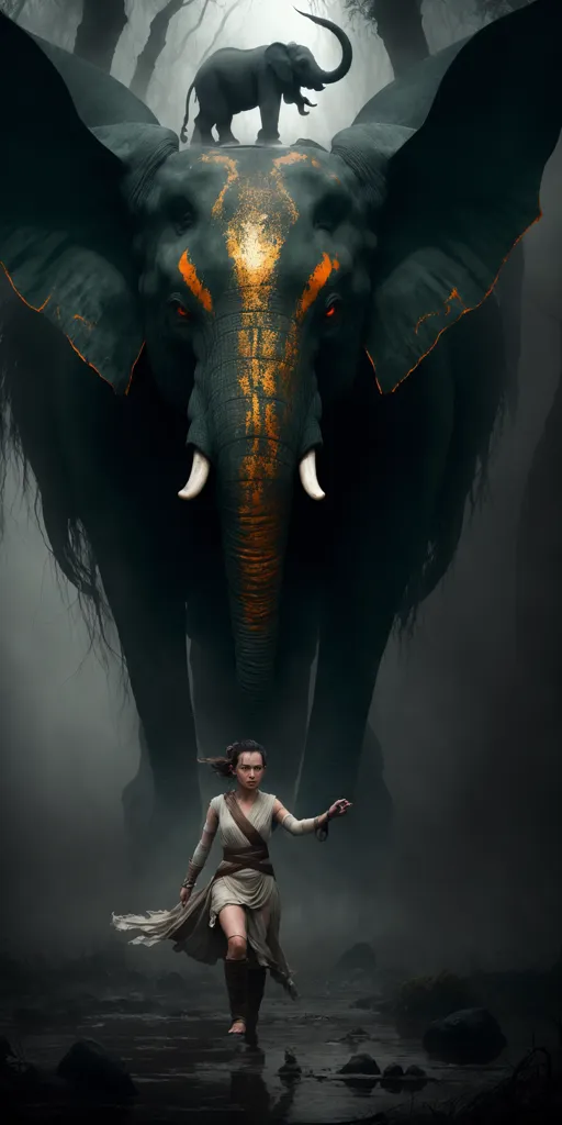 A imagem é de uma mulher em pé diante de um grande elefante. A mulher está vestida com um vestido branco e tem o cabelo preso em um coque. Ela está segurando um bastão na mão direita. O elefante é preto com olhos vermelhos brilhantes e tem uma marca laranja brilhante na testa. O elefante está em pé sobre as patas traseiras e tem a tromba levantada no ar. O fundo é uma floresta escura.