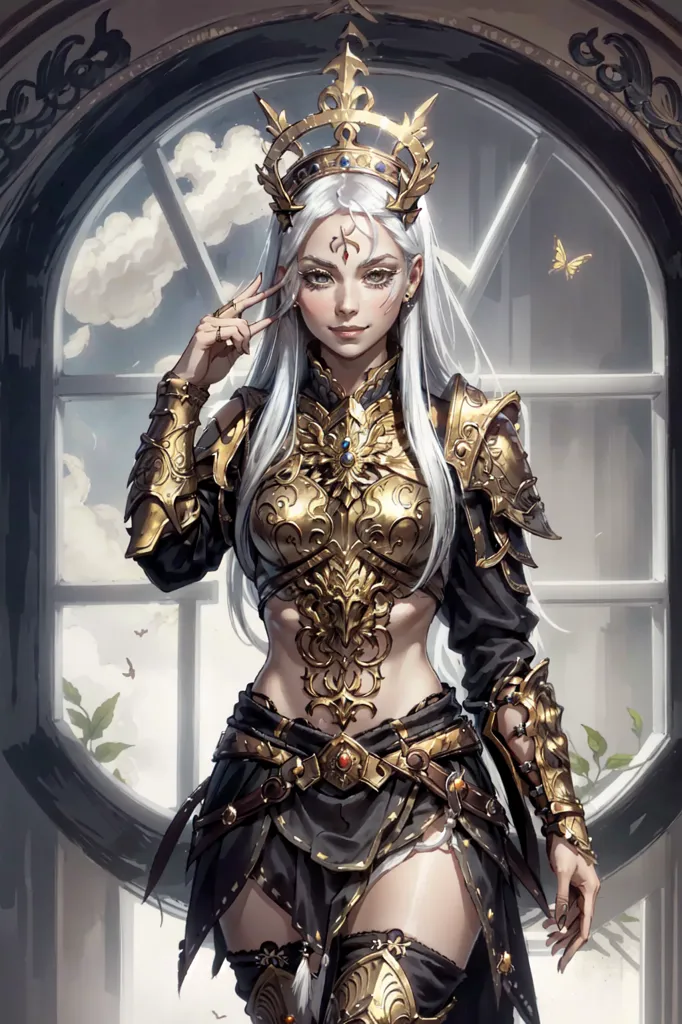 This is an image of a beautiful, young woman with long, white hair and silver eyes. She is wearing a golden crown and black and gold armor. She is standing in front of a large window, and there are plants and clouds in the background.