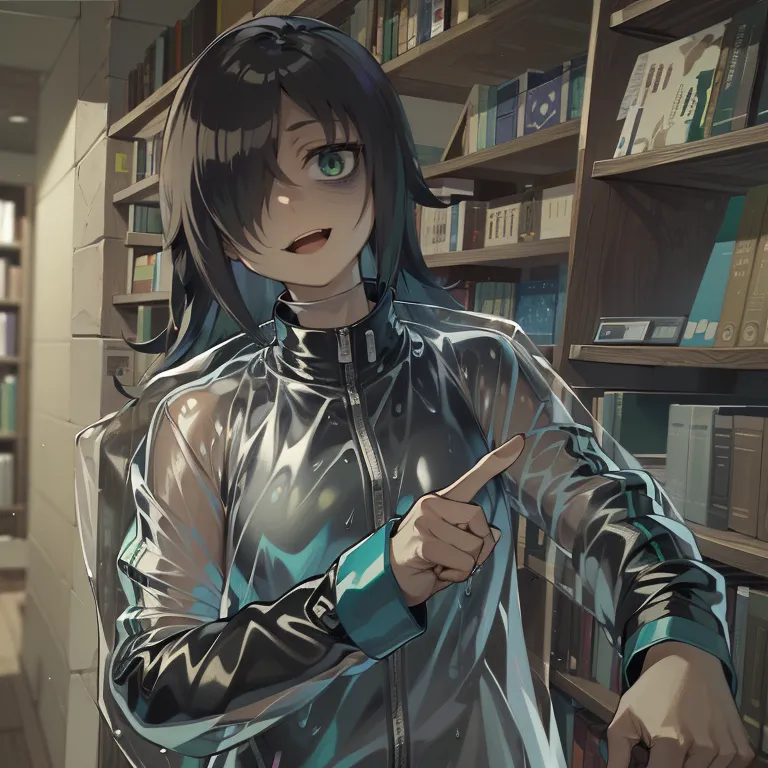 A girl with long black hair is standing in a library. She is wearing a black jacket and a clear raincoat. She has a smug expression on her face and is pointing to the right with her right hand. There are bookshelves all around her.