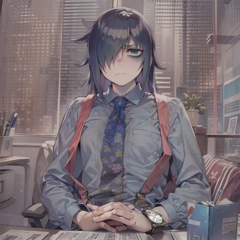 This is a picture of a person sitting in an office. The person has long black hair, green eyes, and is wearing a white dress shirt, red suspenders, and a floral tie. They are sitting in a chair with their hands folded on top of a desk. There is a window behind them with a view of a city.