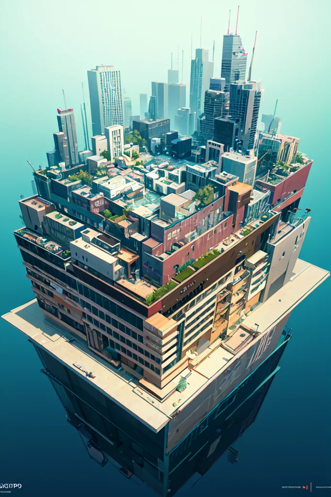 The image shows a city built on top of a single massive building. The buildings are all different shapes and sizes, and they are all connected by walkways and bridges. There are trees and plants growing on the roofs of the buildings, and there are people walking around on the streets. The city is surrounded by a large body of water.