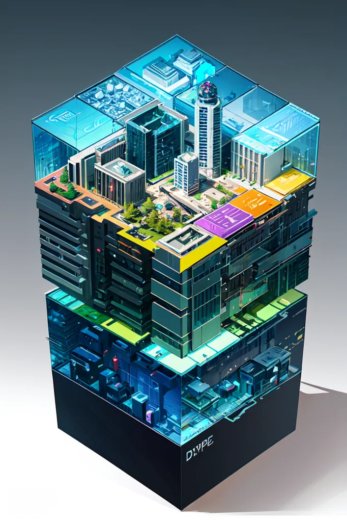 The image shows a futuristic city built inside a giant glass cube. The city is made up of skyscrapers, parks, and other buildings. There are also people walking around and flying cars. The image is very detailed and shows a lot of thought went into creating it.