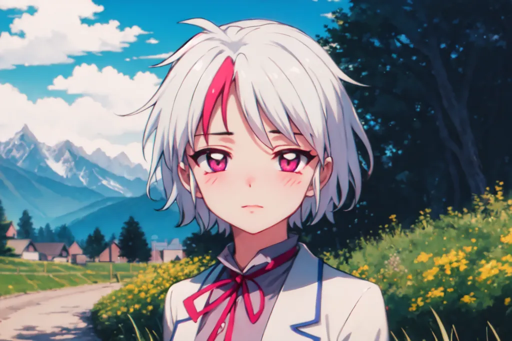 The image is of a young girl with white hair and red eyes. She is wearing a white shirt with a red ribbon. The background is a meadow with a mountain in the distance. The girl is looking at the viewer with a shy expression.