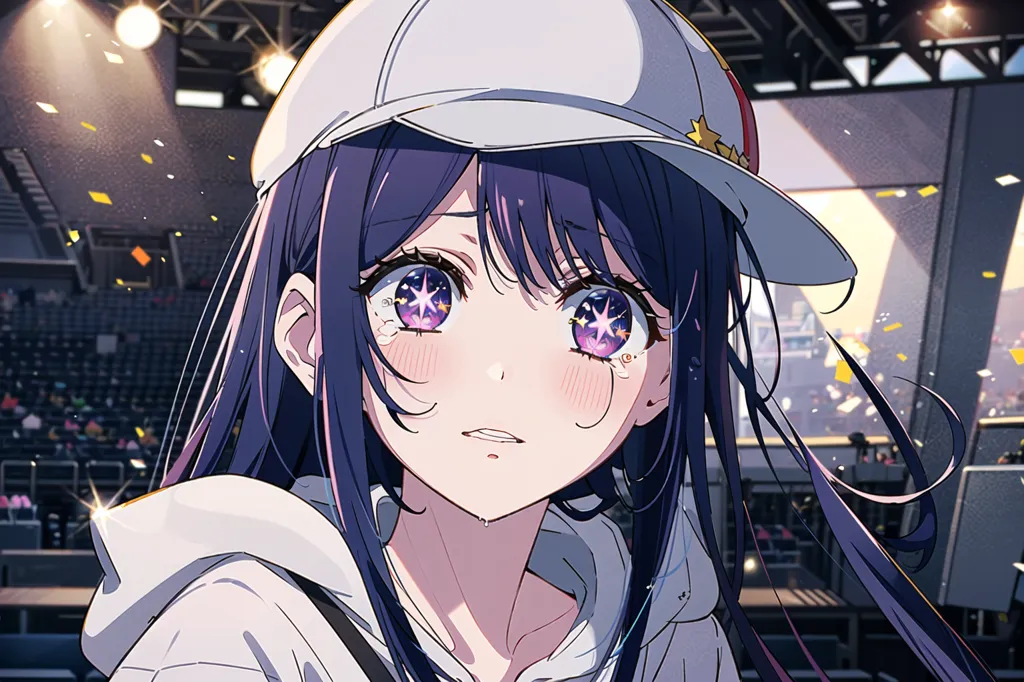 The image is of a young girl with purple hair and purple eyes. She is wearing a white hat and a white hoodie. She is crying and there are tears in her eyes. She is standing in front of a large stage with a crowd of people in the background.