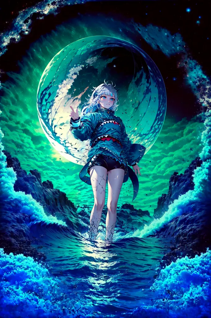 The image is a painting of a young woman standing in a body of water. The woman is depicted as having fair skin, long white hair, and blue eyes. She is wearing a black jacket, a white shirt, and black shorts. The jacket has the face of a shark on the back. The woman is standing in a body of water, with waves crashing against her legs. In the background, there is a large moon. The moon is depicted as being blue and white. The moon is also surrounded by clouds.